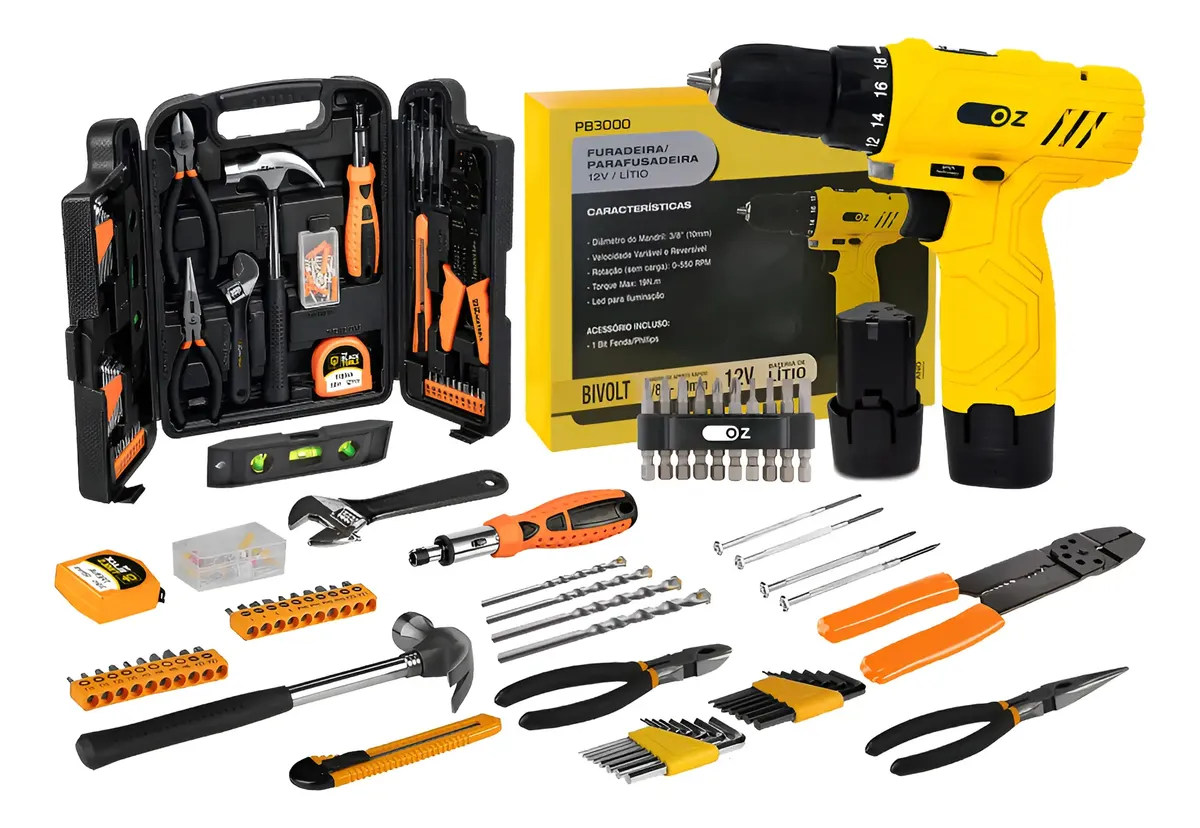 Furadeira Parafusadeira 12V + Kit 143 Peças