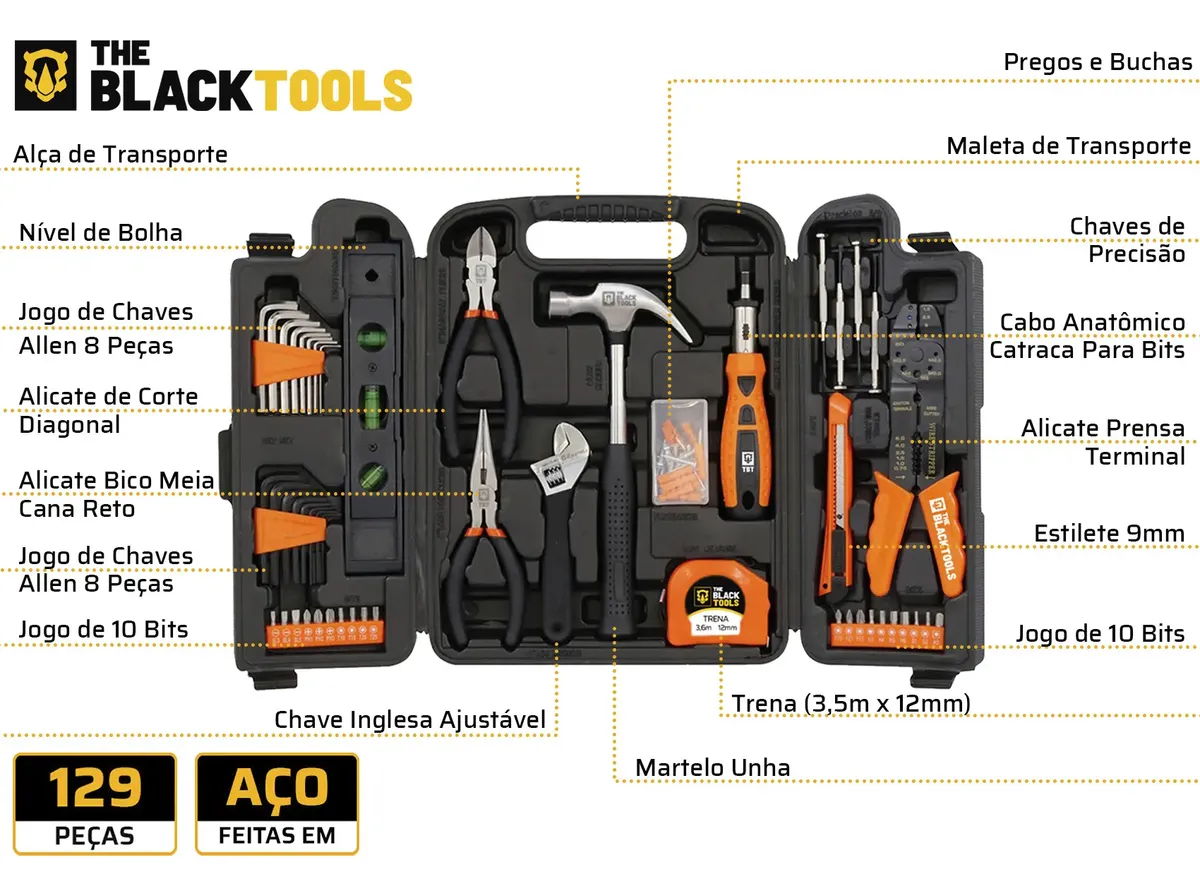 Maleta The Black Tools com 129 peças identificadas uma a uma
