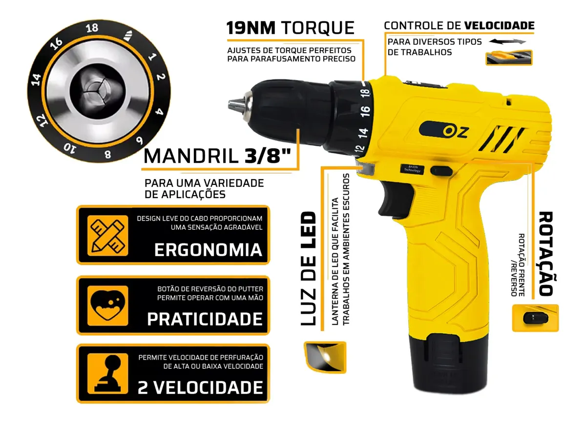 Furadeira OZ com destaque para torque 19Nm, mandril 3/8, luz de LED e 2 velocidades